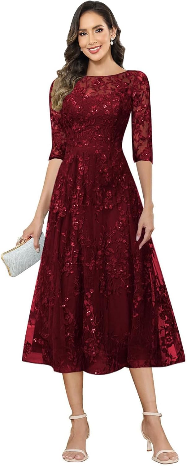 Lace Appliques Mother of The Bride Dresses for Wedding Tea Length Tulle A Line 3/4 Sleeves Formal Evening Gown