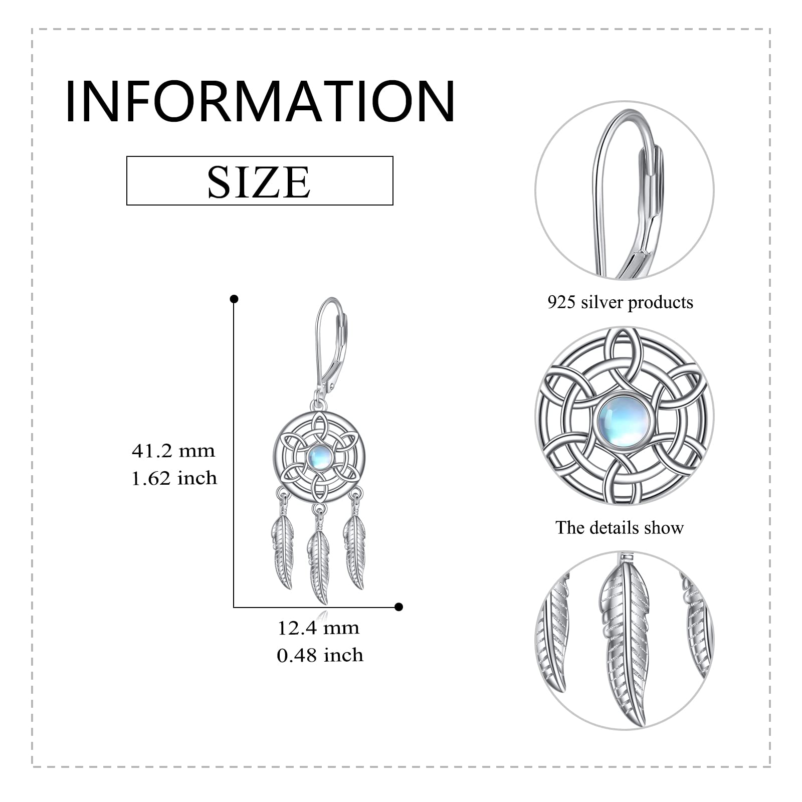 VONALA Pendientes de atrapasueños, plata de ley 925, piedra lunar, cierre de palanca, plumas celtas, colgantes, joyería bohemia, regalos para mujer