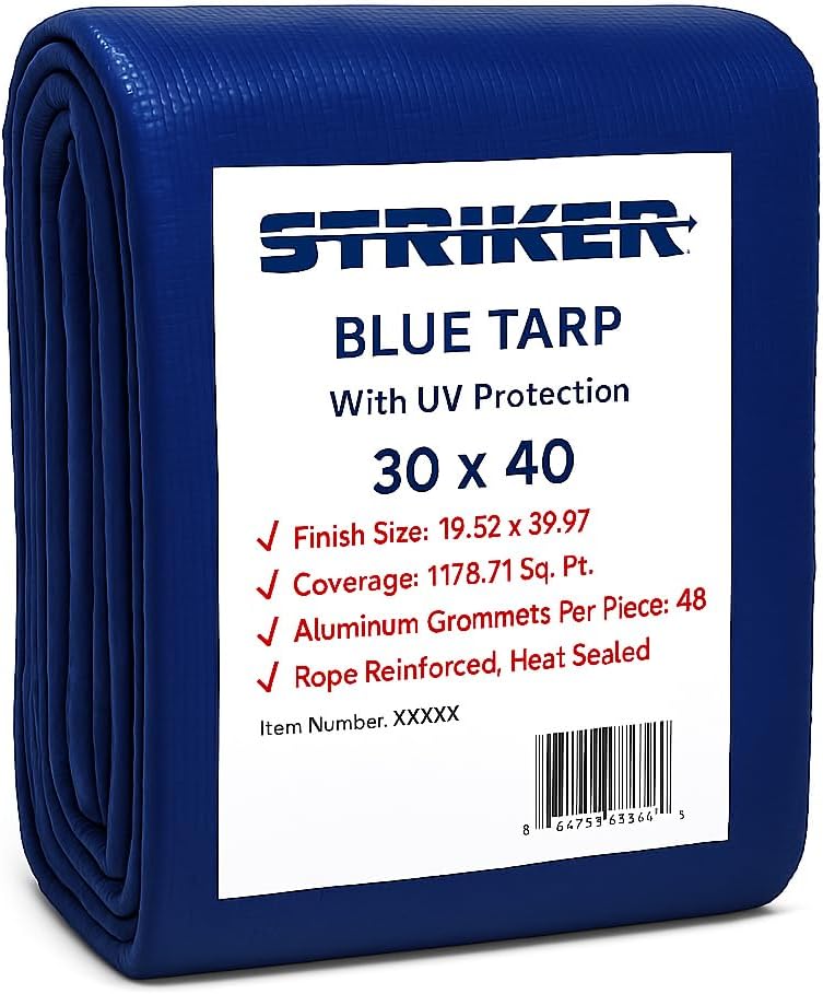 Striker Blue Tarp 30' x 40' - All Purpose PE Cover with UV Protection, 48 Rust-Resistant Grommets, and Rope-Reinforced Edges Blue 30' x 40'