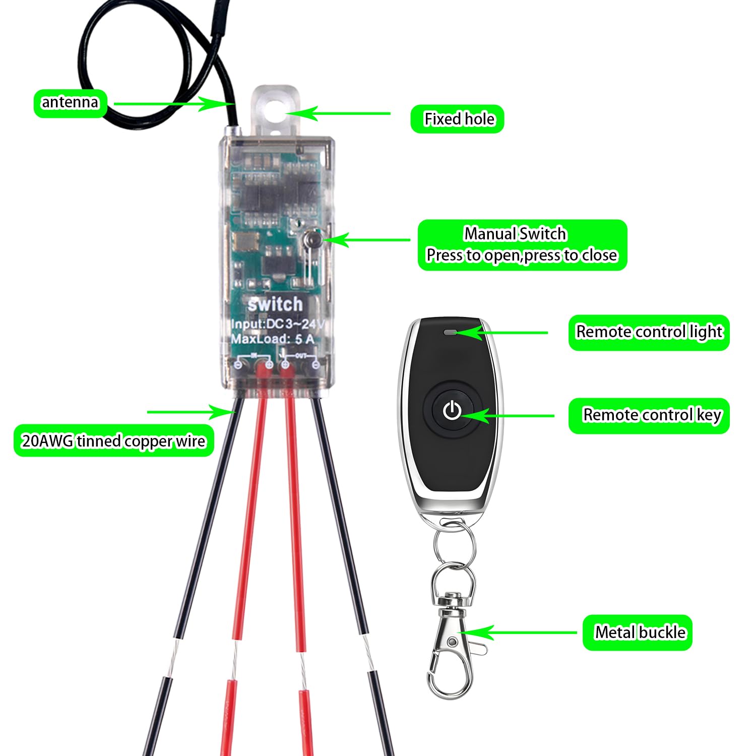 Interruptor inalámbrico de 12 V, mini interruptor inalámbrico de 3 canales con mando a distancia, CC 5 V-24 V, 5 A, interruptor de luz inalámbrico con 50 m de largo alcance para puerta de