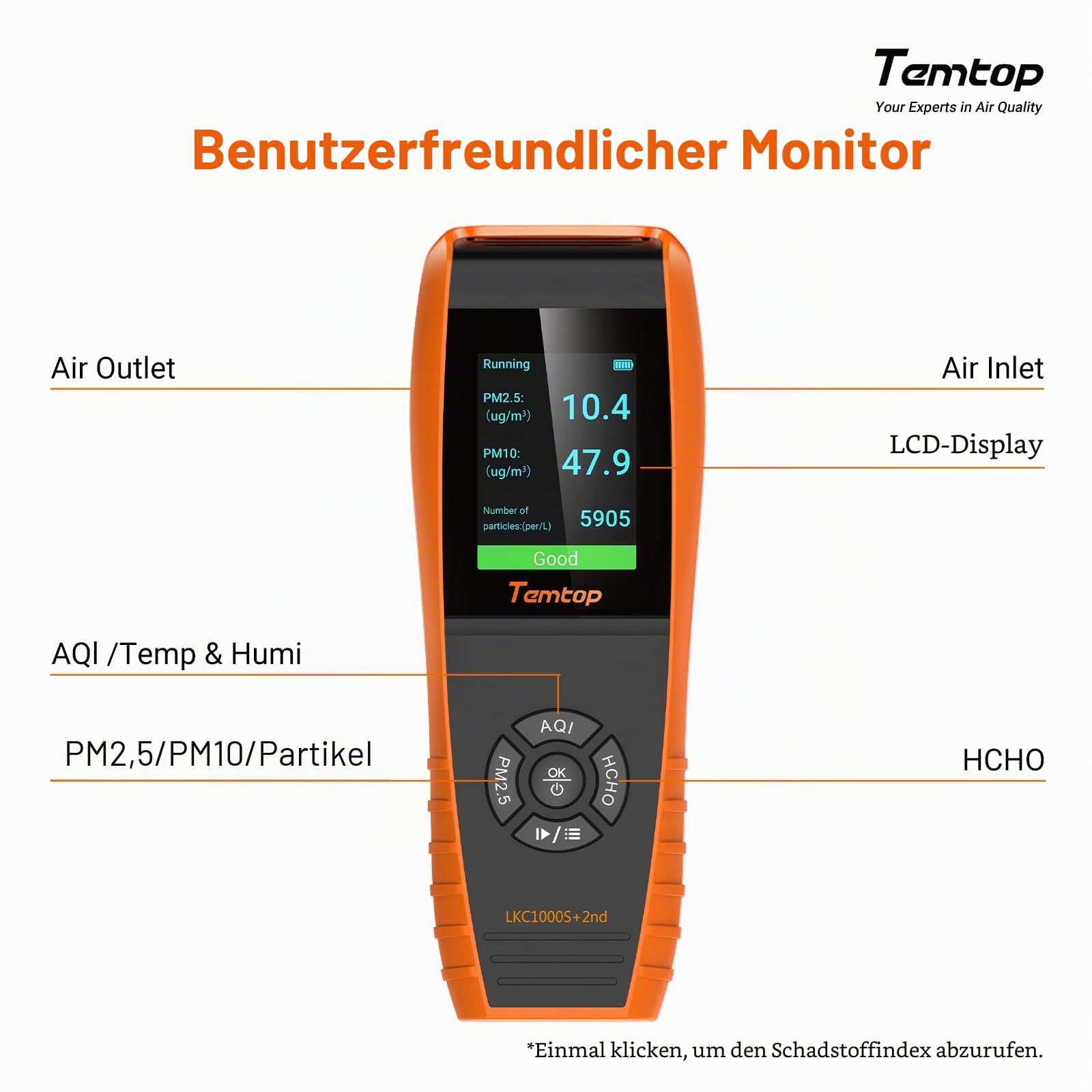 Temtop LKC-1000S+ 2nd Luftqualitätsdetektor Innenraum Monitor HCHO TVOC PM2.5 PM10
