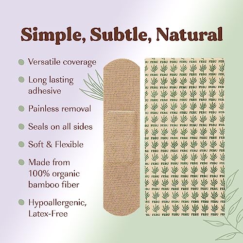 Febu Eco-Friendly Organic Bamboo Fabric Bandages For Sensitive Skin | Flexible Latex Free Bandages | Natural Hypoallergenic Bandages For Scrapes, Cuts & First Aid | 75 Count Variety Pack #TOP1