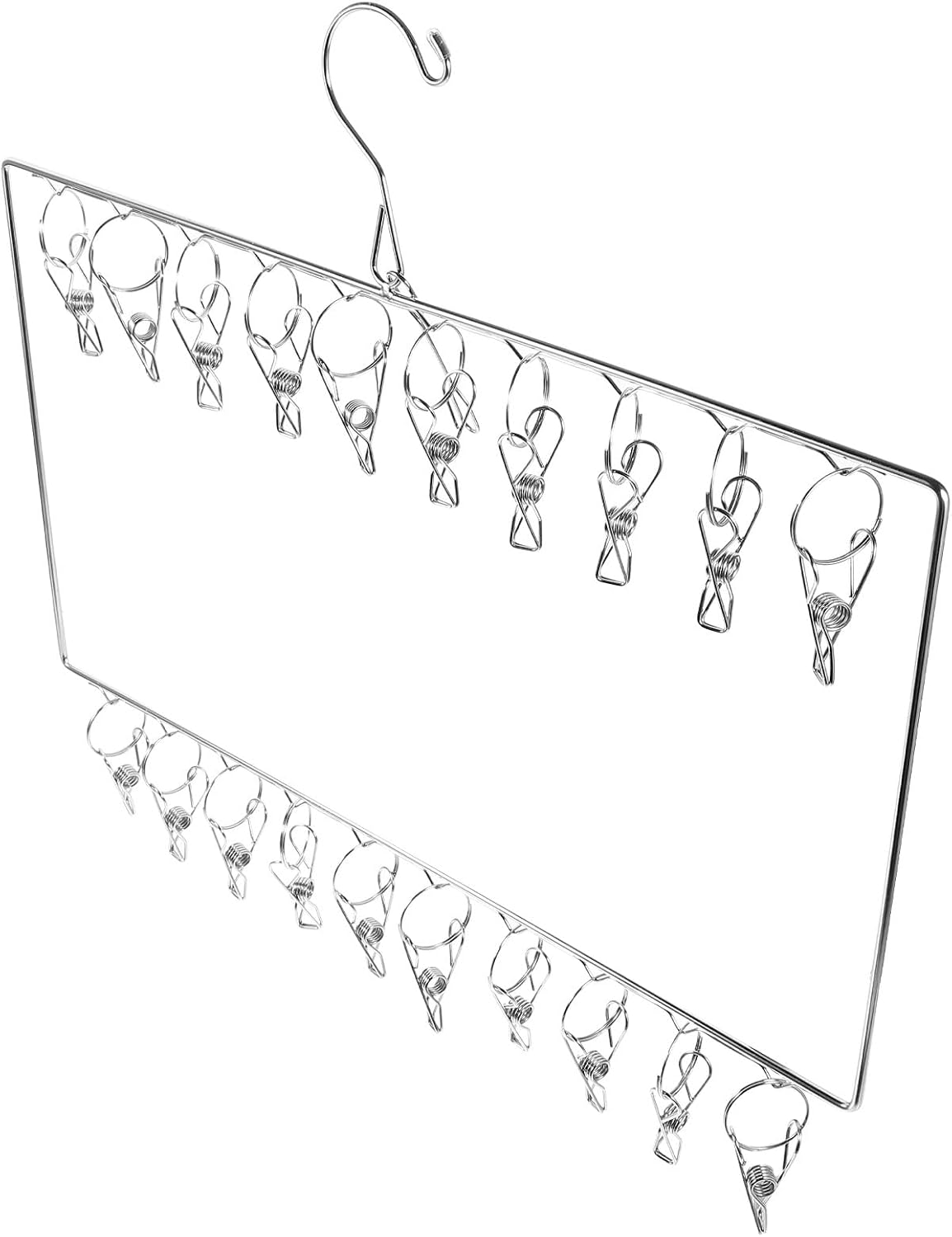 Stainless Steel Sock Hanger with 20 Clips, Two-Layer Square Laundry Drying Rack for Socks, Underwear, Bras, Space-Saving Metal Clothes Dryer for Indoor Balcony Use
