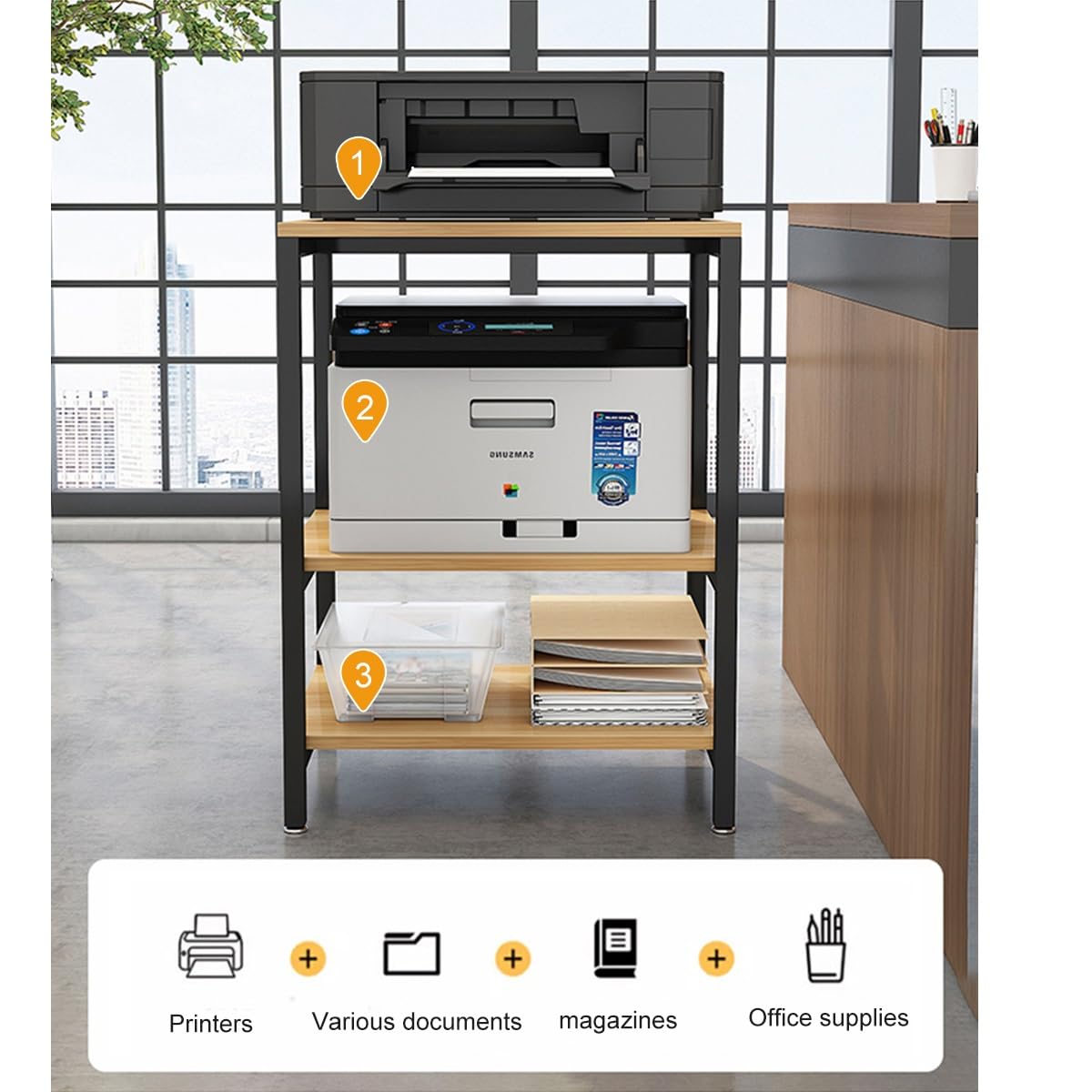 Estructura de Metal Soporte de Impresora de 3 Niveles Estantería de Madera para Impresoras Mesa con Estantes para Oficina en Casa y Espacio de Trabajo(Black,H*W70*40cm/27.5 * 16")