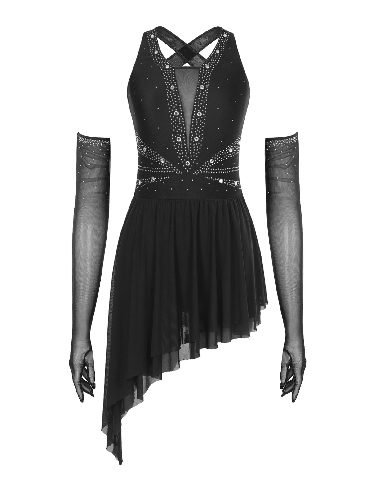Sxiwei Ensemble Robe Patinage Artistique Femme Justaucorps Strass Asymétrique Robe Danse sur Glace Gymnastique