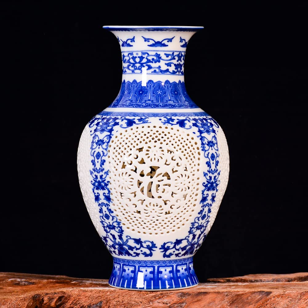 DFGHNBVC Chinoiserie Jingdezhen Porcelain Blue And White Porcelain Hollow Out Vase Flower Arrangement New Chinese Style Sitting Room Porch TV Ark Adornment Places,E