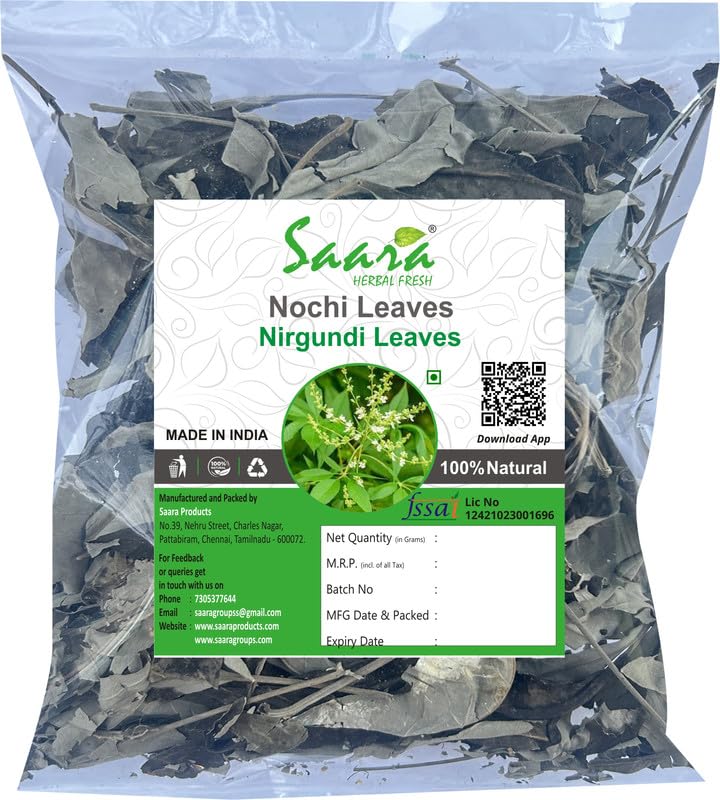 Saara HERBAL FRESH Nochi Leaves (Dried), 550g, Nirgundi leaves, Sinduari, Indrani, Bile-Nekki, Nirgari, Vitex Negundo Leaves, 550g