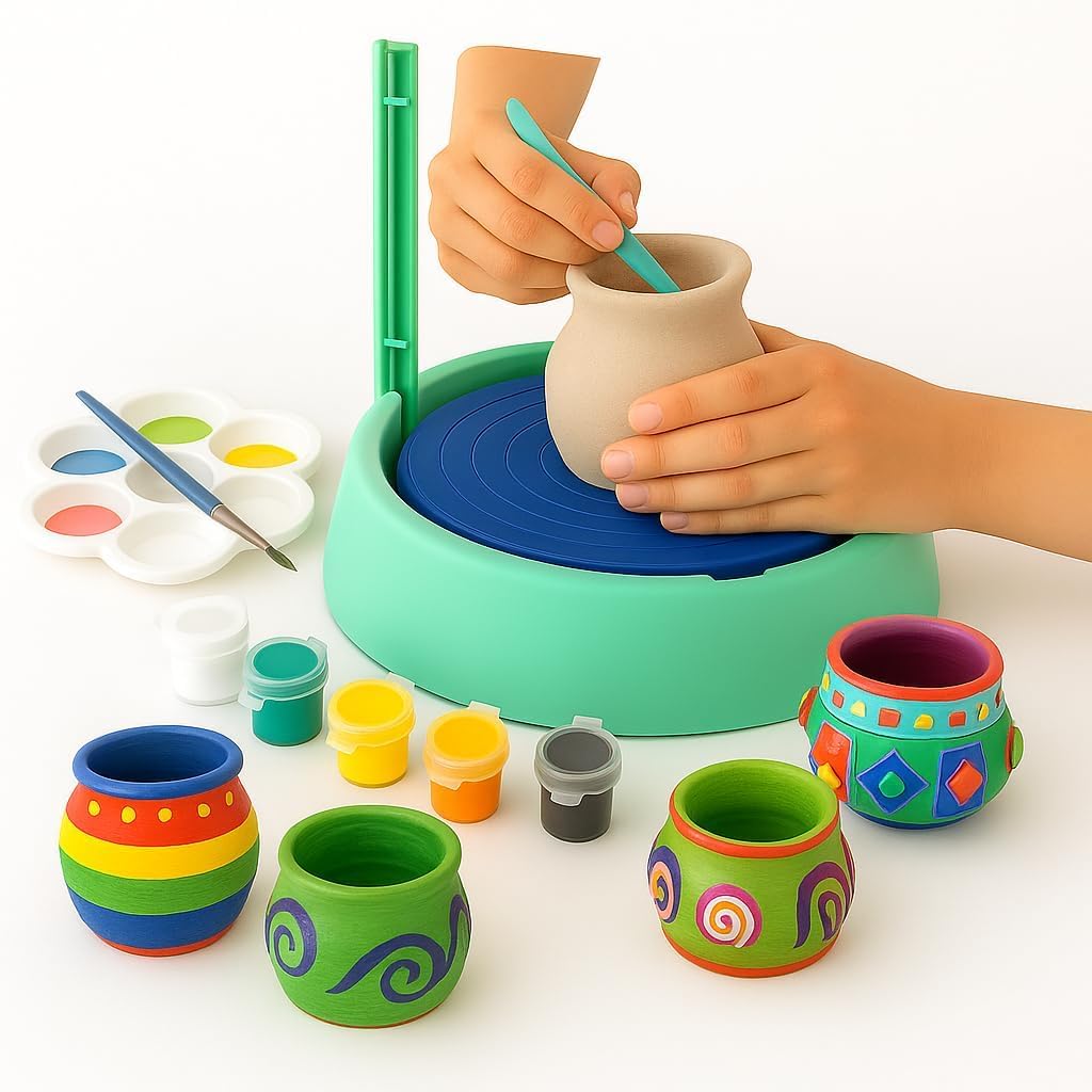 FAVRALLO Kids Pottery Wheel Kit Battery Operated Pottery Making Machine | Clay Moulding & Painting Playset with Sculpting Tools | Arts & Crafts Pot Maker Toy for Beginners Boys & Girls