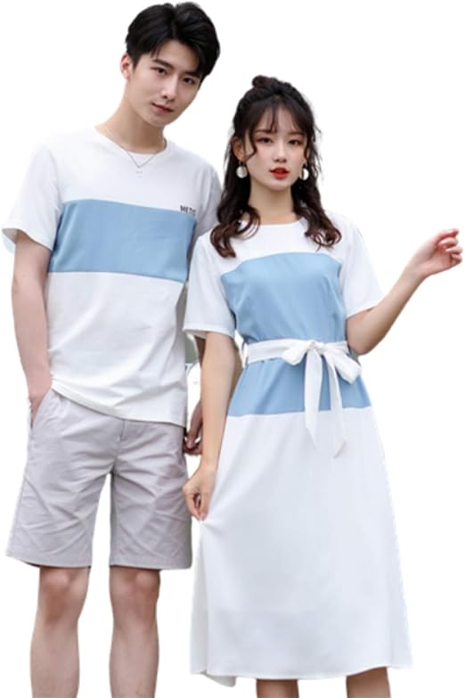Wansi ペアルック カップル Tシャツ ワンピース ク半袖 クラスの服 夏 韓国 ベルト 恋人 夫婦 可愛い 新婚旅行 カジュアル お揃い Tシャツ カットソー 通販 Amazon