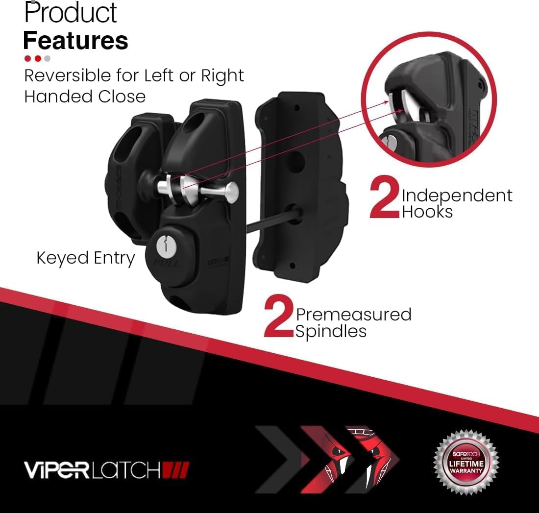 Safetech Hardware ViperX2 Gravity Gate Latch | Two-Side Entry Keyed | 2 Independent Latching Hooks Key Lockable Both Sides | Privacy Gate Gravity Latch | Vinyl, Wood, & Aluminum Gates - Black image 2