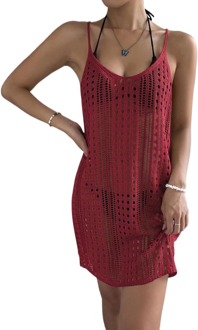 swimsuit coverup for women Sleeveless Hollow Out Knit Cover Up Dress,Summer Beach