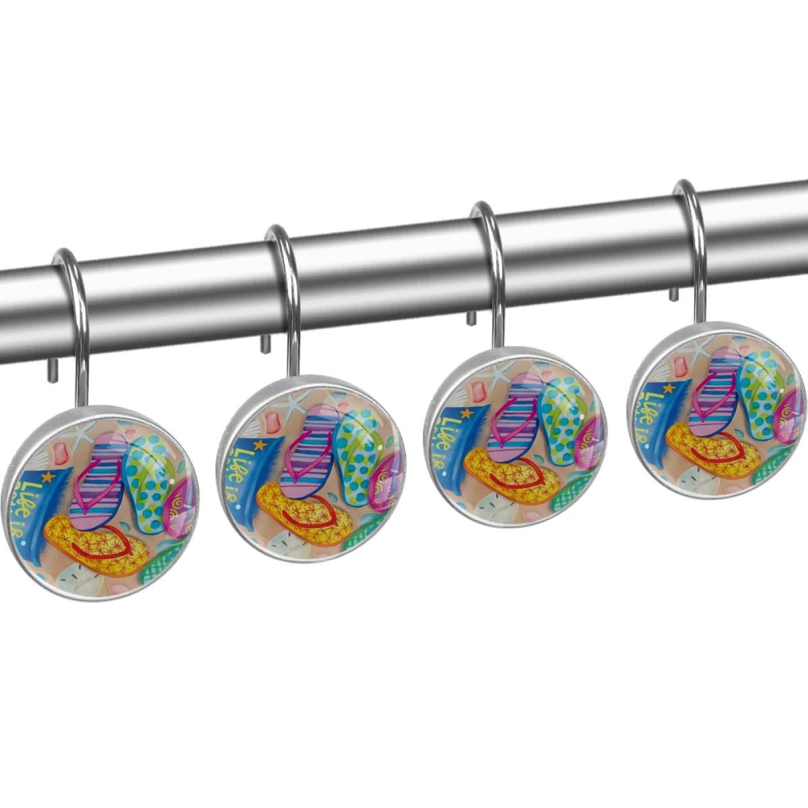 Beach Flip Flop Decorative Shower Curtain Hooks Rings Set of 12 Hooks for Shower Curtain Rustproof Curtain Rings for Bathroom