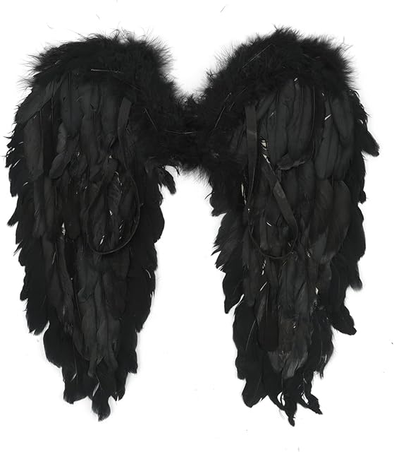 FEESHOW Feather Angel Wings for Adult Kids Halloween Christmas Party Cosplay Dress up Props Type B Black One Size