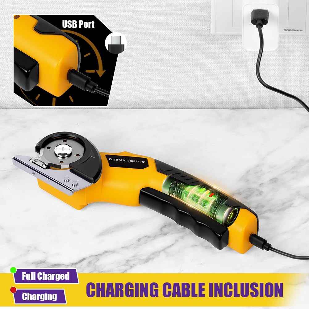 HOTUT Tijeras Eléctricas Sin Cable, Cúter Circular, Mini Cutter Eléctrico, Recargable Con Diseño De Corte Rotativo, Carga USB, Gatillo Extralargo, Luz LED,Cortador Alfombras Y Cartón