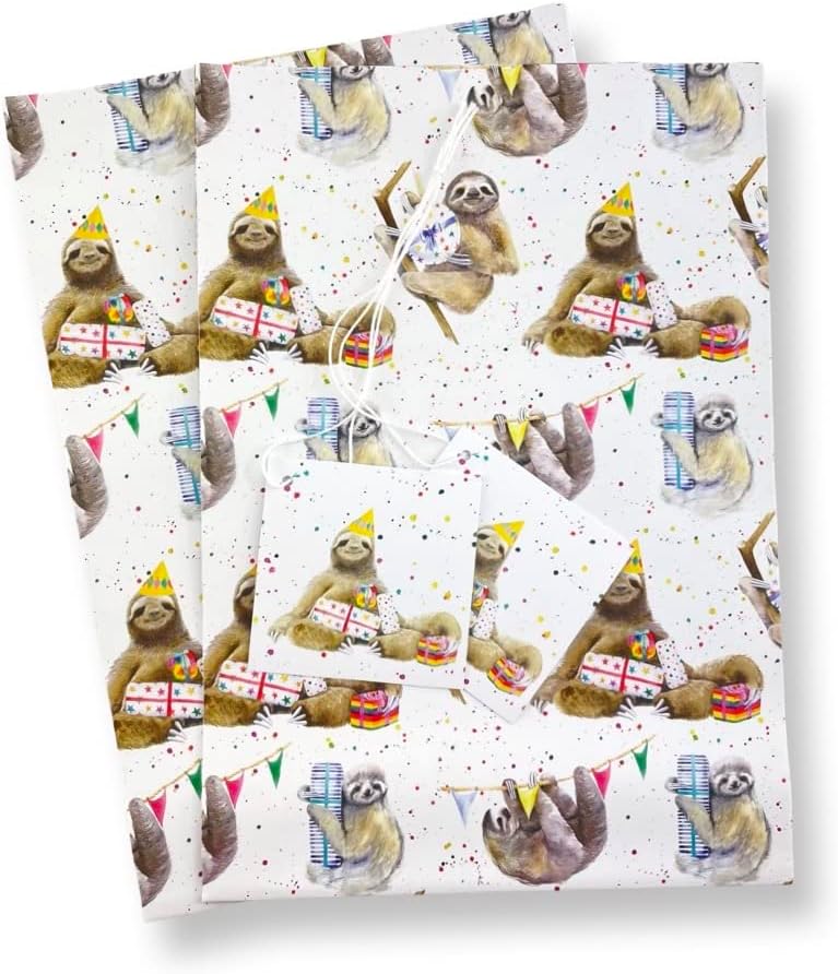 Sloth Party Gift Wrapping Paper; 2 Sheets &2 Gift Tags