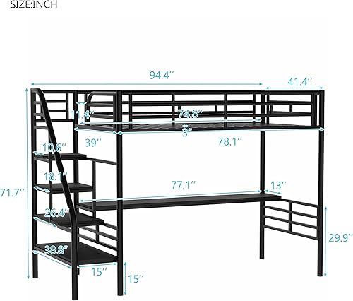 Miniatura 2 de DNYN Stiarway - Cama alta de metal de tamaño individual con escritorio y barandillas de seguridad para dormitorio de niños y adultos marco de cama