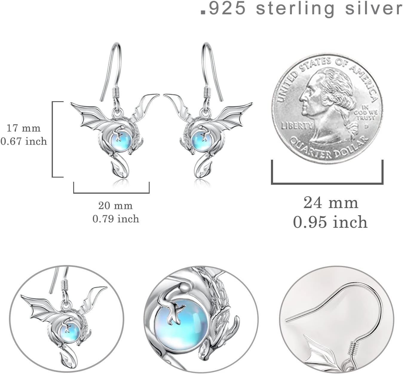 Dragon Earrings for Women 925 Sterling Silver Moonstone Dragon Earrings Dragon Jewelry Gifts for Girls Mom Daughter