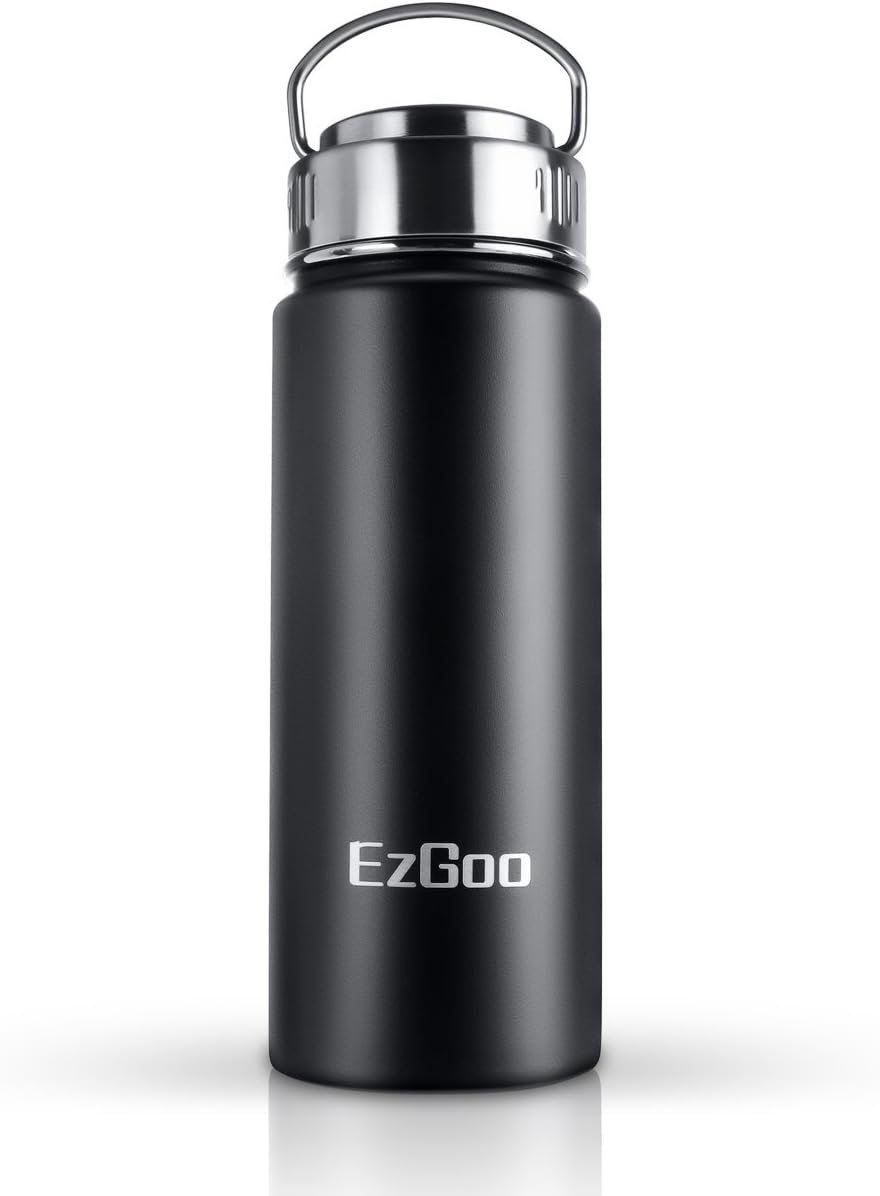 EzGoo Sports Water Bottle, Double Stainless Steel Vacuum Insulated Wide Mouth With Food-Grade Flex Cap and Flat Cap - 18 OZ Black