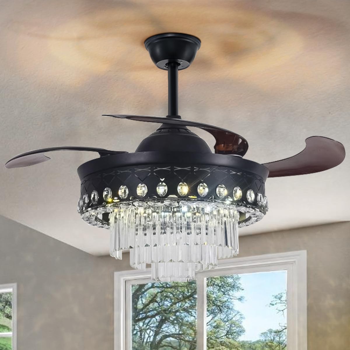 Crystal Retractable Chandelier Ceiling Fan, 42" Ceiling Fans with Lights Remote, 3 Speed 3 LED Light, Crystal Fandelier Ceiling Fans for Living Room, Bedroom, Dining Room (Black)