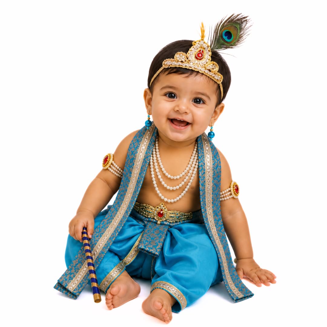 Krishna Dress for Kids ? Costume for Boys & Girls | Bal Krishna Costume Set with Dhoti, Mukut, Morpankh, Bansuri & Accessories | Janmashtami Fancy Dress | Silk Fabric