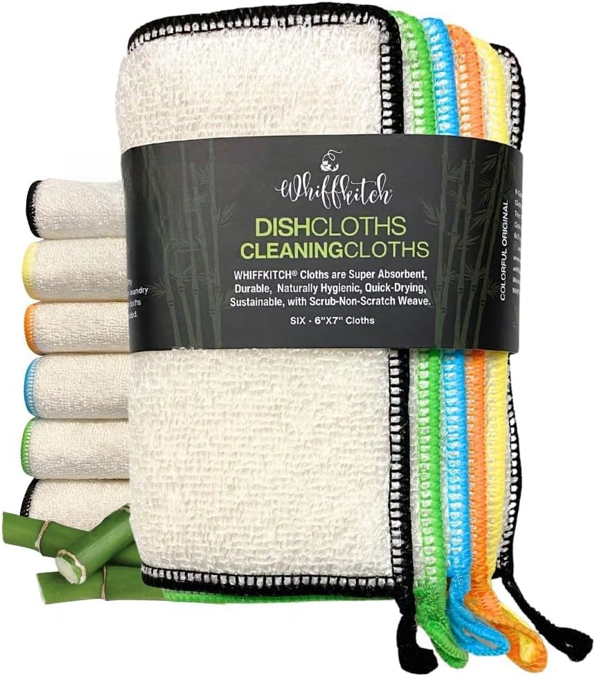 Whiffkitch Dishcloths Dishrags for Kitchen and Household Cleaning 6x7 6-Pack Non-Scratch 2-Ply Weave, Bamboo-Rayon Fabric, Absorbent, Washable, Long-Lasting