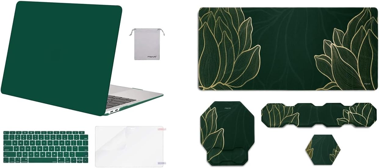 MOSISO Golden Line Canna Leaf Extended Mouse Pad&Hexagon Keyboard Wrist Rest&Mousepad&CoasterCompatible with MacBook Air 13 inch Case 2022-2018,Keyboard Skin&Screen Protector&Storage Bag,Peacock Green