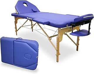 QUIRUMED Camilla de Masaje Plegable WELLCORE, con Respaldo abatible, Fabricada en Madera, Polipiel, 195 x 70 cm, Altura Regulable, Cabezal extraíble, Agujero Facial, Color Azul hasta hasta 225 kg