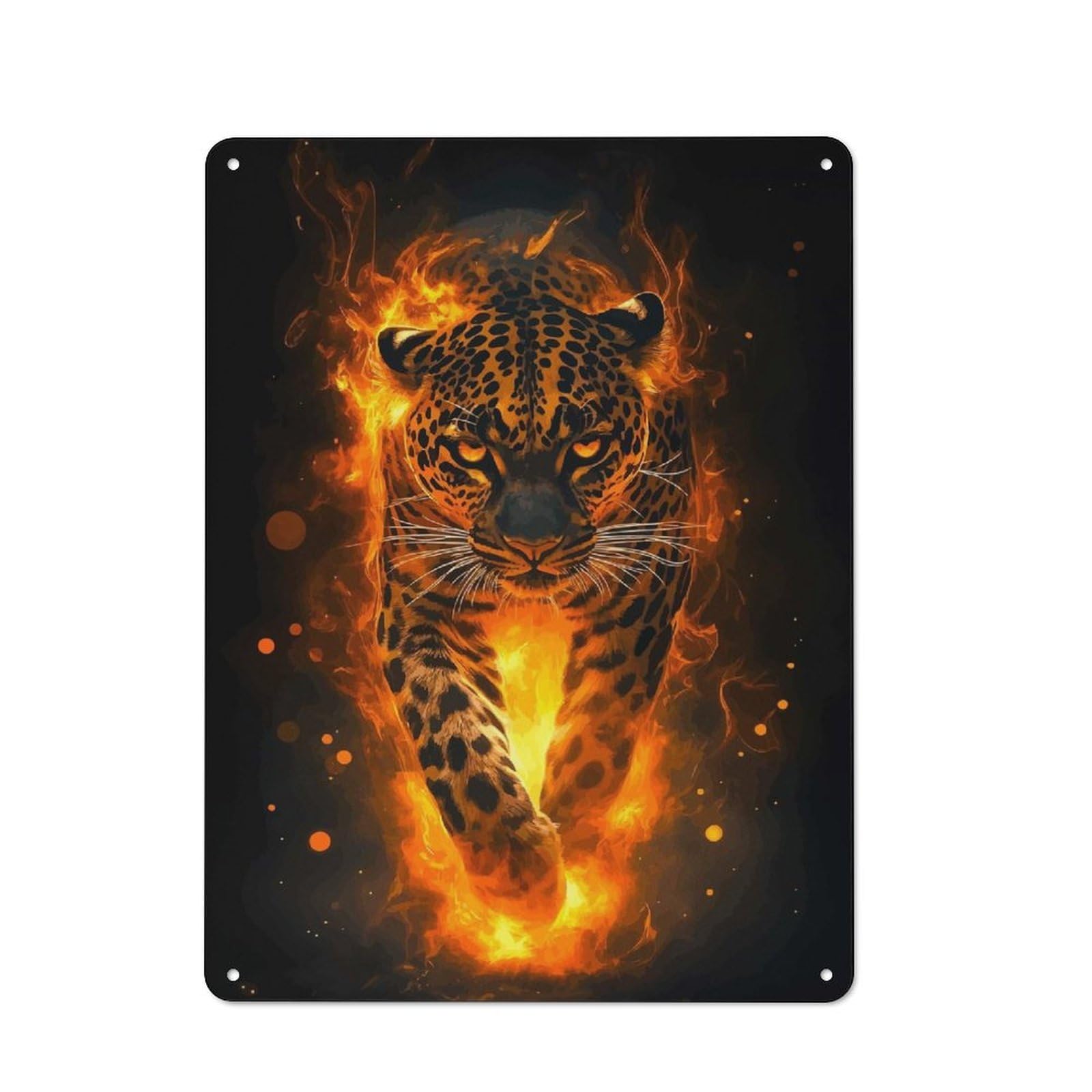 Decorative Metal Plaque with Fiery Leopard Design 40x30cm, Casual Utility Space Decor for Patio Bar, Workshop, Shed Or Kitchen