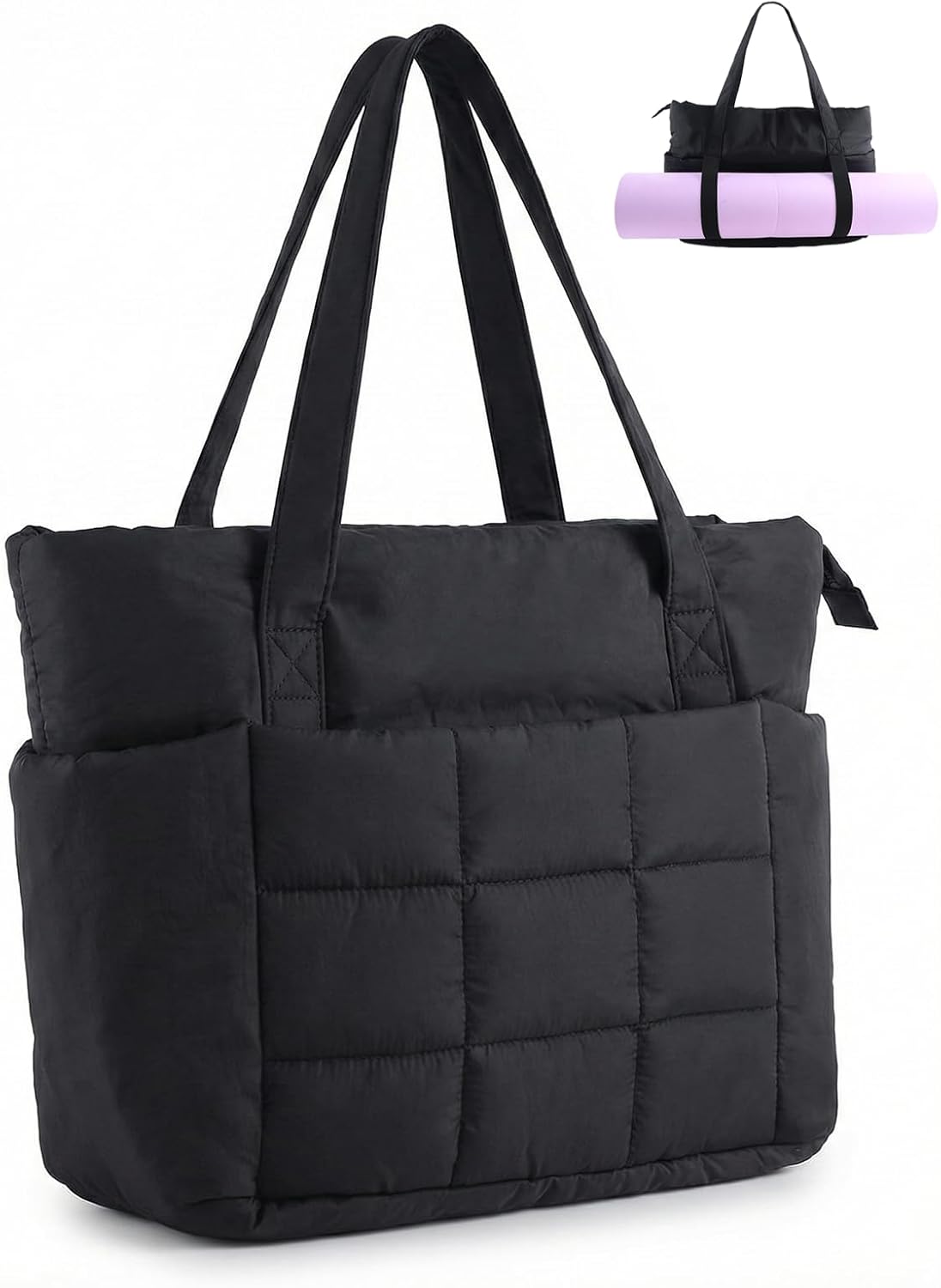 U+U Puffer Tote Bag for Women, Quilted 16" Laptop Work Tote with Yoga Mat Strap & Luggage Sleeve for Travel Gym