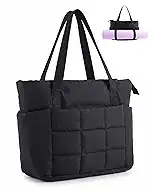 U+U Puffer Tote Bag for Women, Quilted 16" Laptop Work Tote with Yoga Mat Strap & Luggage Sleeve for Travel Gym