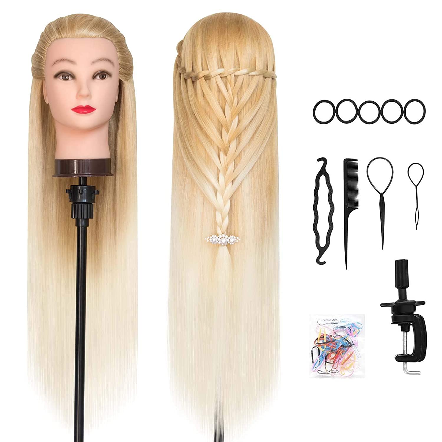 Testa Di Manichino Con Capelli Umani 80% - 66-71 Cm Con Treppiede E Strumenti Per Acconciature - Bionda
