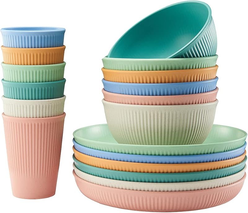 Juegos de vajilla de paja de trigo de 18 piezas, juego de vajilla reutilizable irrompible HXYPN | Cocina Tazas Platos y tazones Juegos lavavajillas Microondas Platos aptos