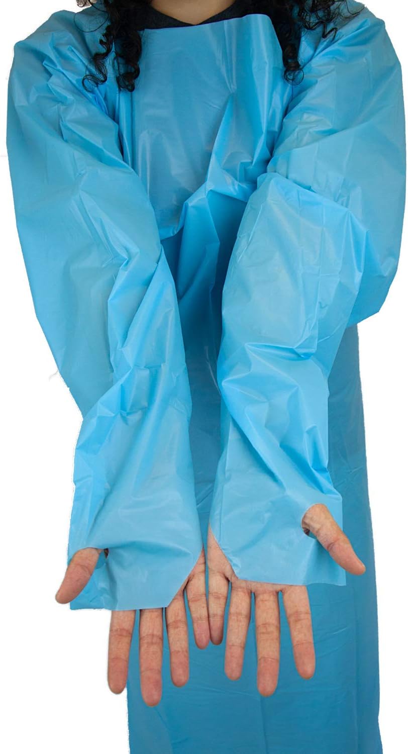SAFE HANDLER Disposable Sleeve Gown | Open Back with Thumb Loops, 0.5 MIL, Blue, 25 Count