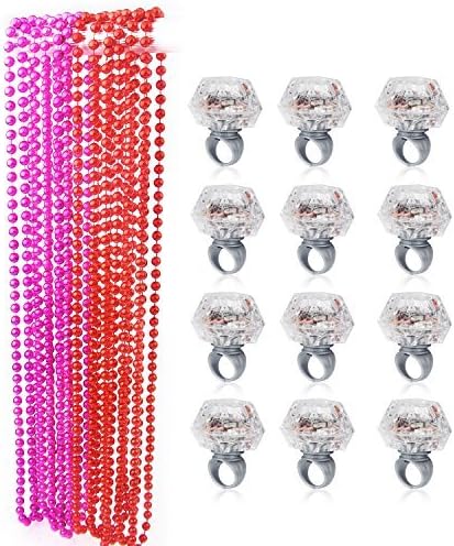 Konsait Party Beads Necklaces(12pcs) & Light Up Engagement Diamond Rings(12pcs), Bachelorette Party Light Up Rings with Bachelorette Party Beads 33inch (Pink & Red)