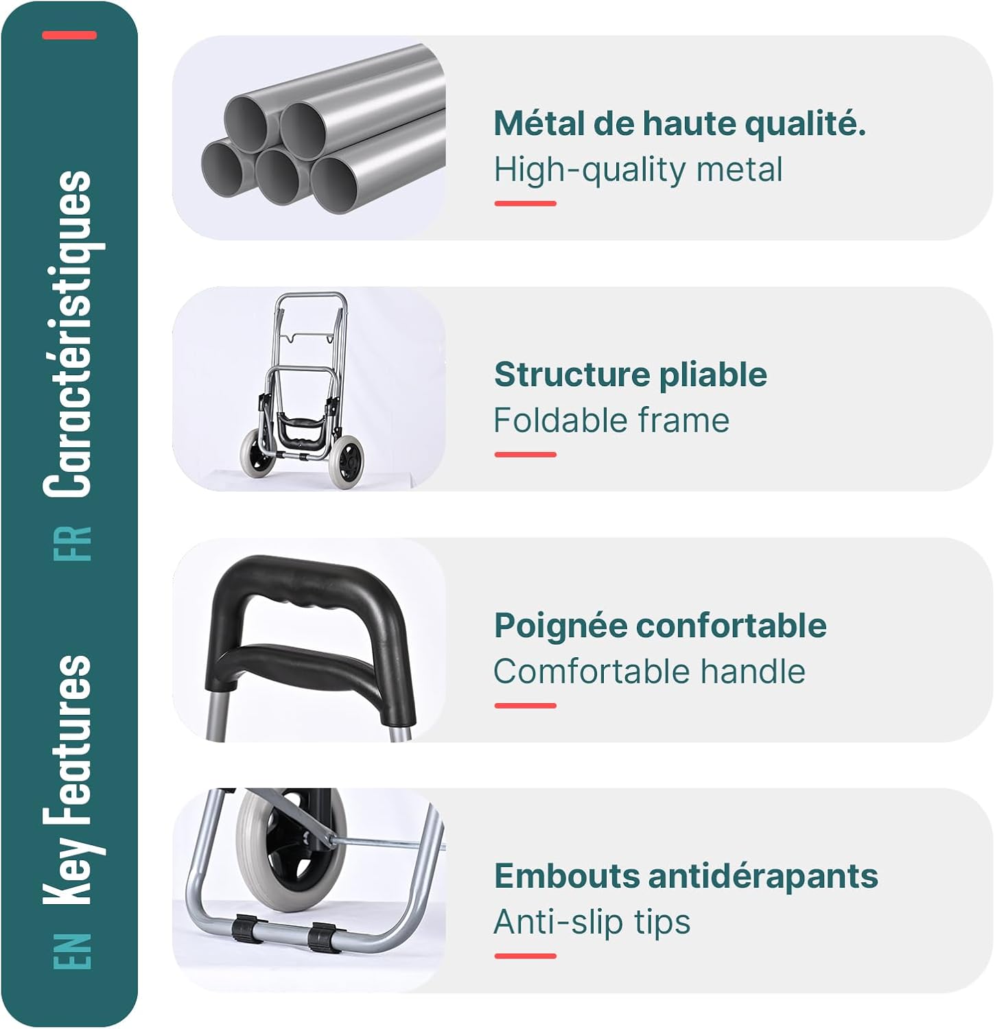 Image showing key features of the VOUNOT shopping trolley, including high-quality metal, foldable frame, comfortable handle, and anti-slip tips.