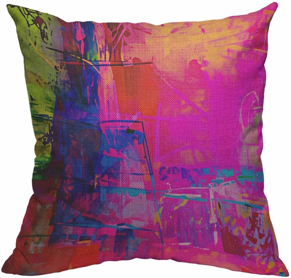 HOSNYE Art Abstract Throw Pillow Case Cushion Covers Bright Fuchsia, Magenta, Pink, Red, Yellow, Green and Blue Cotton Linen for Couch Bed Sofa Car Waist 18 x 18 inch