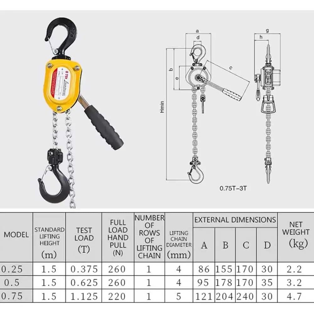 Argano elettrico 0.25-0.75T Leva Manuale Paranco A Catena Verricello 1.5M Gancio di Montaggio Ascensore Blocco Portatile di Sollevamento di Oggetti Pesanti(0.75 Ton)
