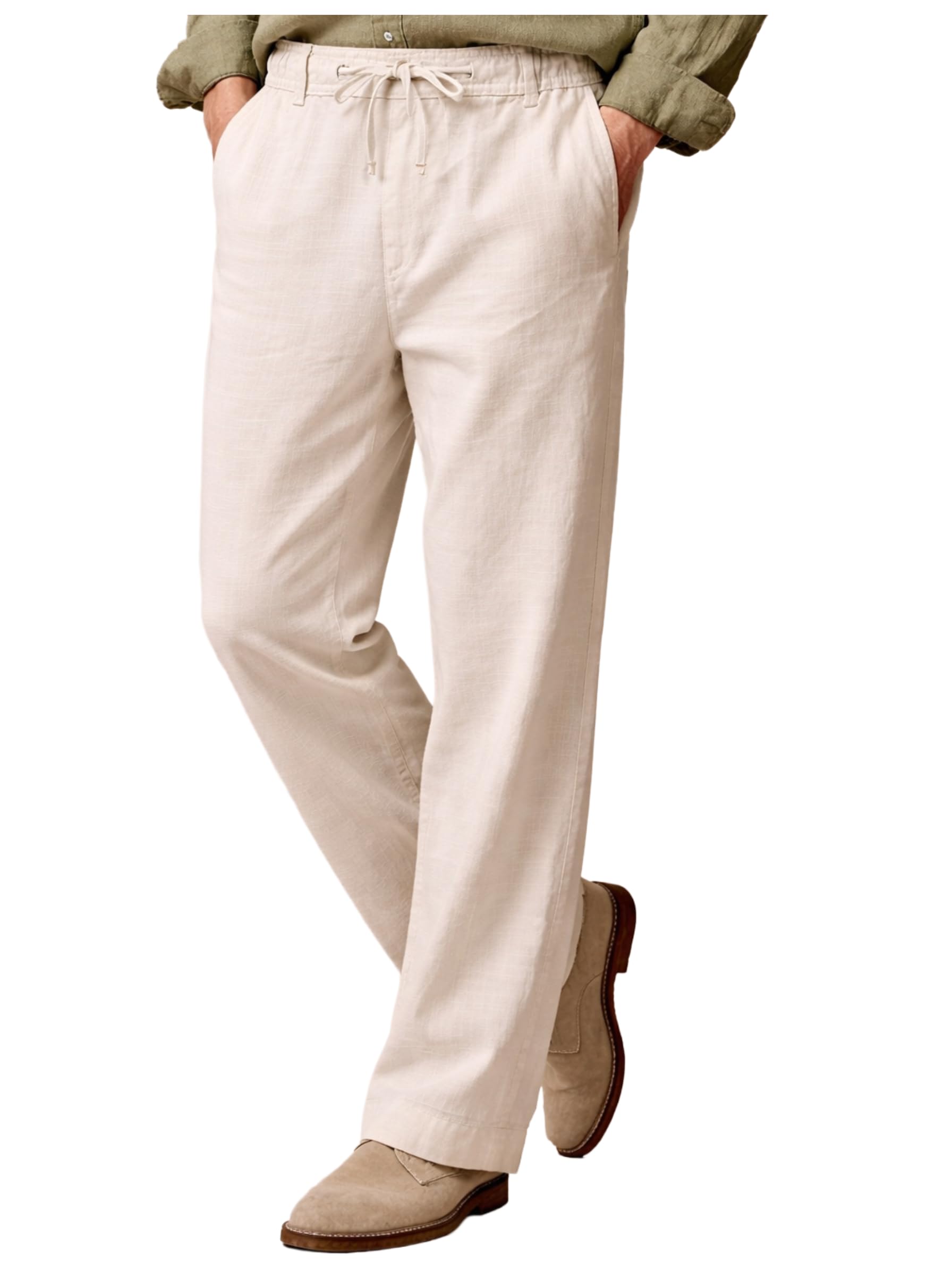 room19 Men Pure Linen Relaxed Fit Regular Lounge Pants | Casual Trousers | Mid Rise Drawstring Waist Bottom Wear | Solid Beige Comfortable Travel Home Use Pant Summer Everyday Fashion Style Premium-picture-14