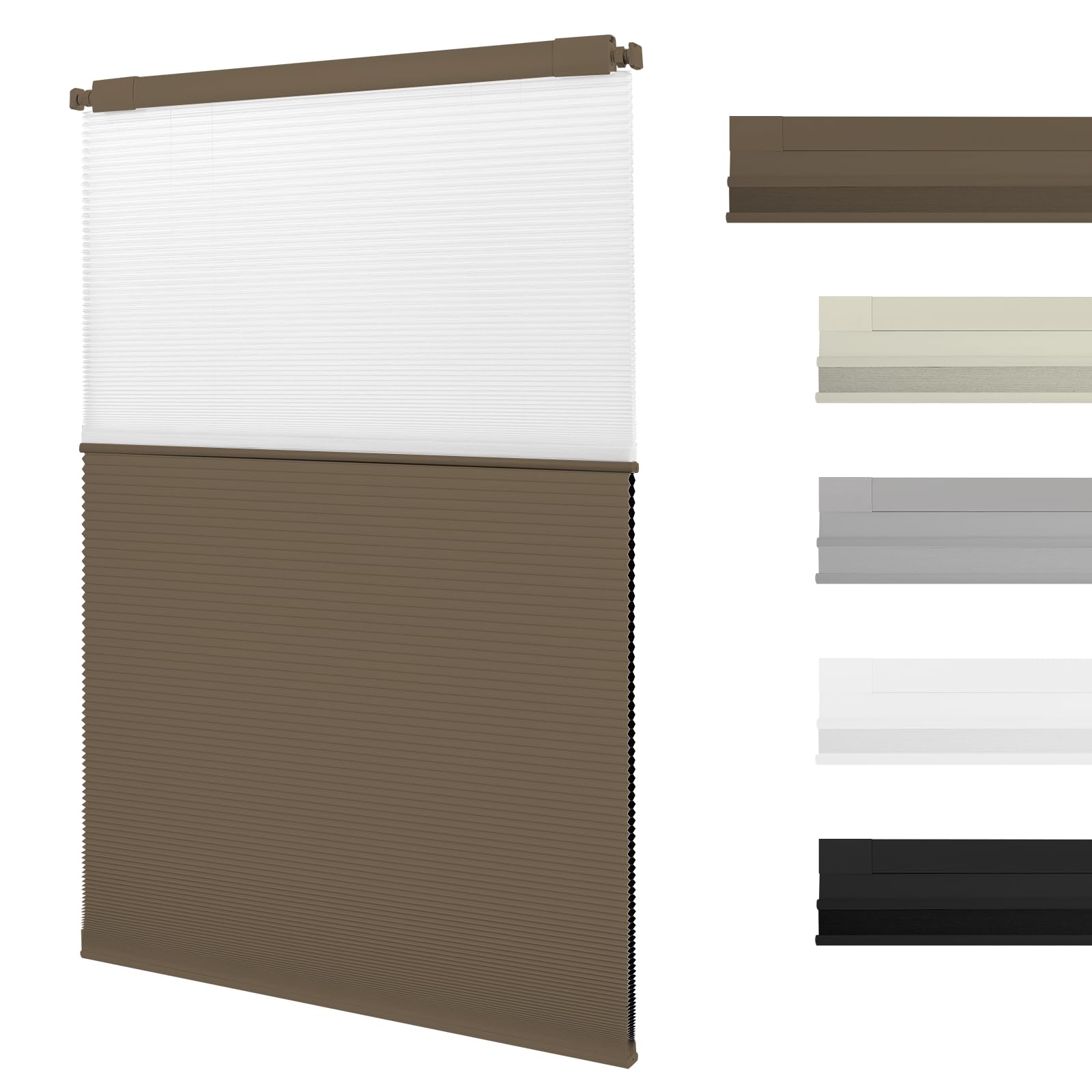2-in-1 No Drill Day and Night Cellular Shades Cordless,Double Honeycomb Blinds,Blackout and Light Filtering Pleated Accordion Shades for Indoor Windows(Dark Brown,107cm W x 180cm H)