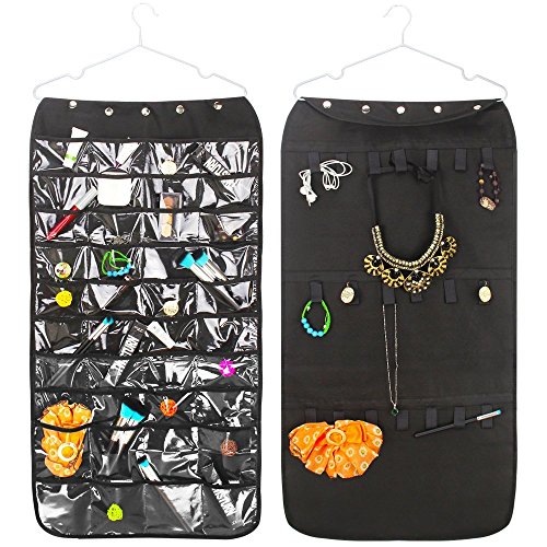 Caroeas Jewelry Organizer, Hanging Jewelry Oganizer Dual-Sided Storage Bag Over The Door Jewelry Organizer Foldable Closet Jewelry Organizer for Rings, Bracelet, Earrings, Necklace (Black)