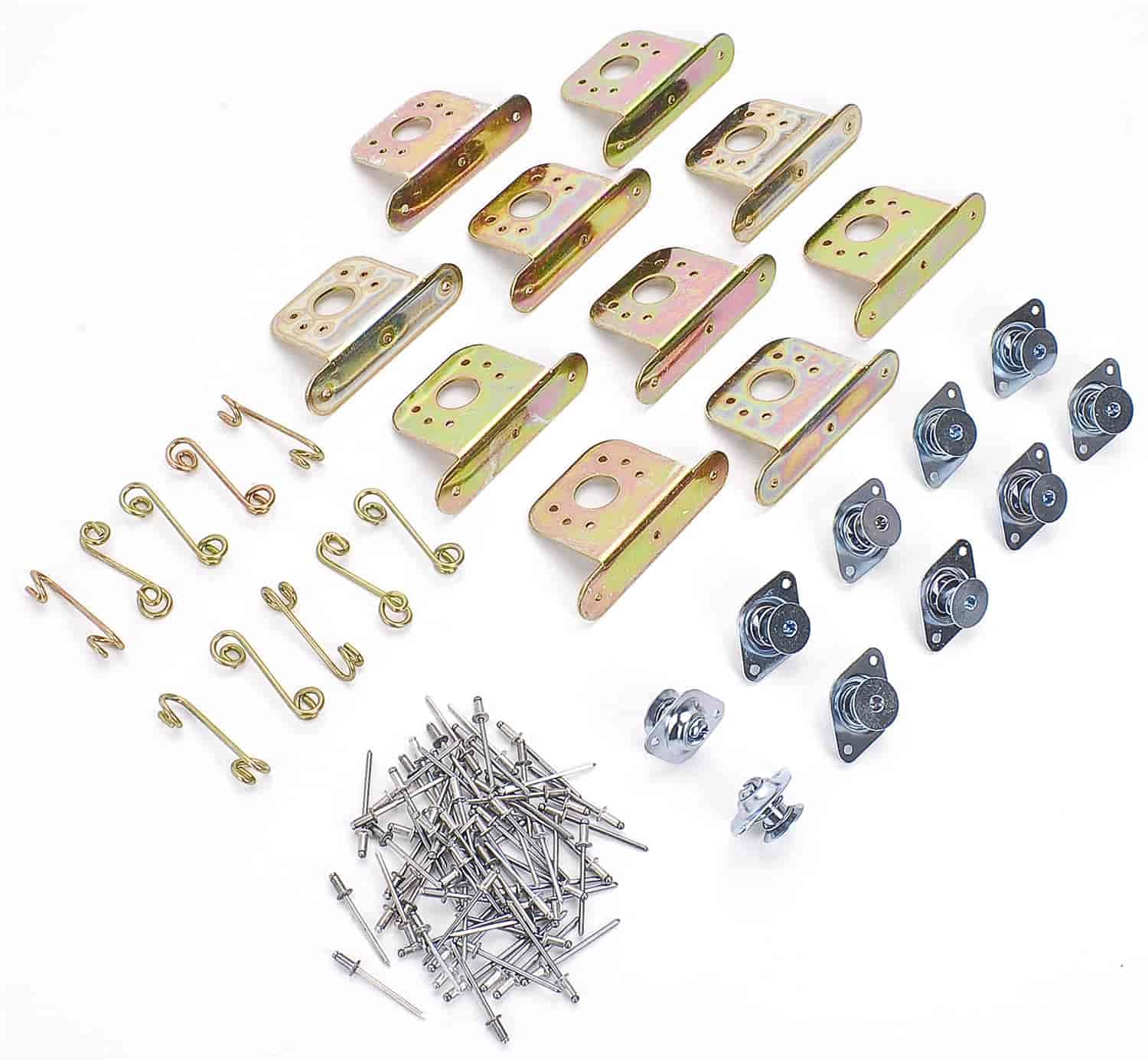 JEGS Hood And Deck Install Kit Hex Head | Made In USA | Hex Head | Kit Includes (10) Self-ejecting Fasteners, (10) Springs, (10) 90° Brackets, (50) Steel, And (20) Aluminum Pop Rivets