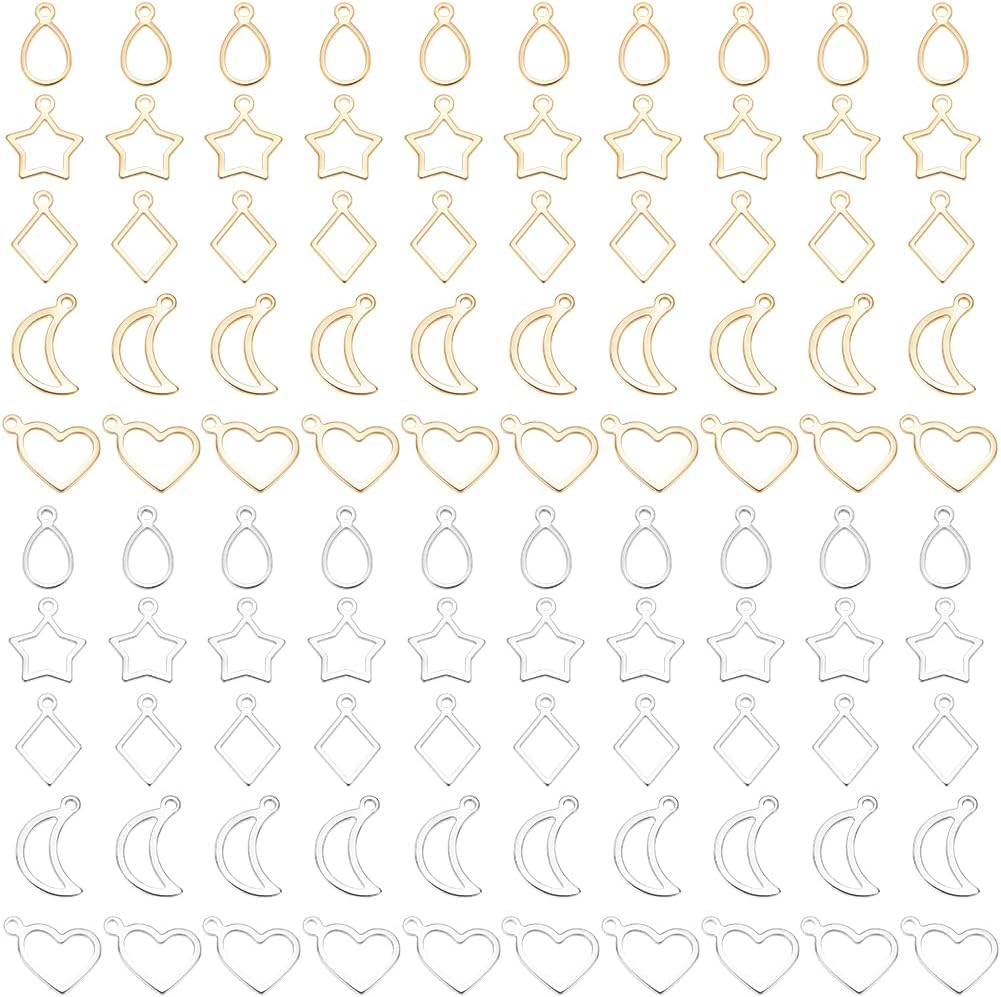 SUNNYCLUE 1 Box 120Pcs Gold Open Bezel Charm Silver Hollow Heart Charms Bulk Stainless Steel Star Moon Teardrop Rhombus Frame Resin Craft Bezels Pendants for Resin Jewellery Making Necklace Earrings