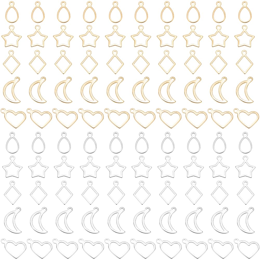 SUNNYCLUE 1 Box 120Pcs Gold Open Bezel Charm Silver Hollow Heart Charms Bulk Stainless Steel Star Moon Teardrop Rhombus Frame Resin Craft Bezels Pendants for Resin Jewellery Making Necklace Earrings