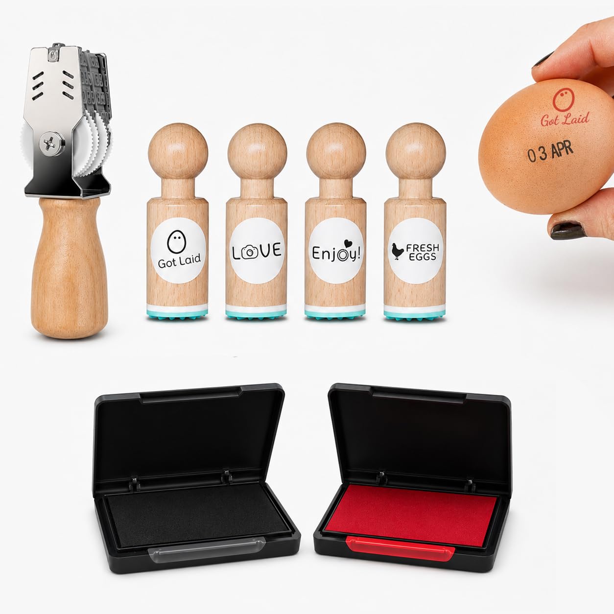 Sello de huevo para fecha de puesta con kit de tintas negra y roja