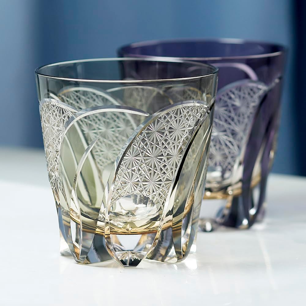 JINZHI Japanese Edo Kiriko Whiskey Glass - Hand-Cut Crystal Old Fashioned Glass with Intricate Geometric Patterns, Luxury Craft Barware for Scotch, Bourbon, Cocktail - Elegant Gift