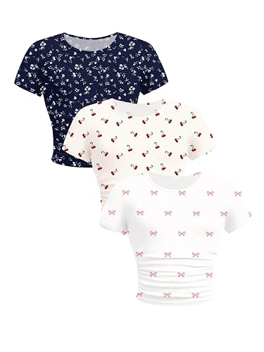 SOLY HUX Girl's Basic T-Shirts Set Crew Neck Short Sleeve Crop Top 3 Packs Summer Fitted Tees