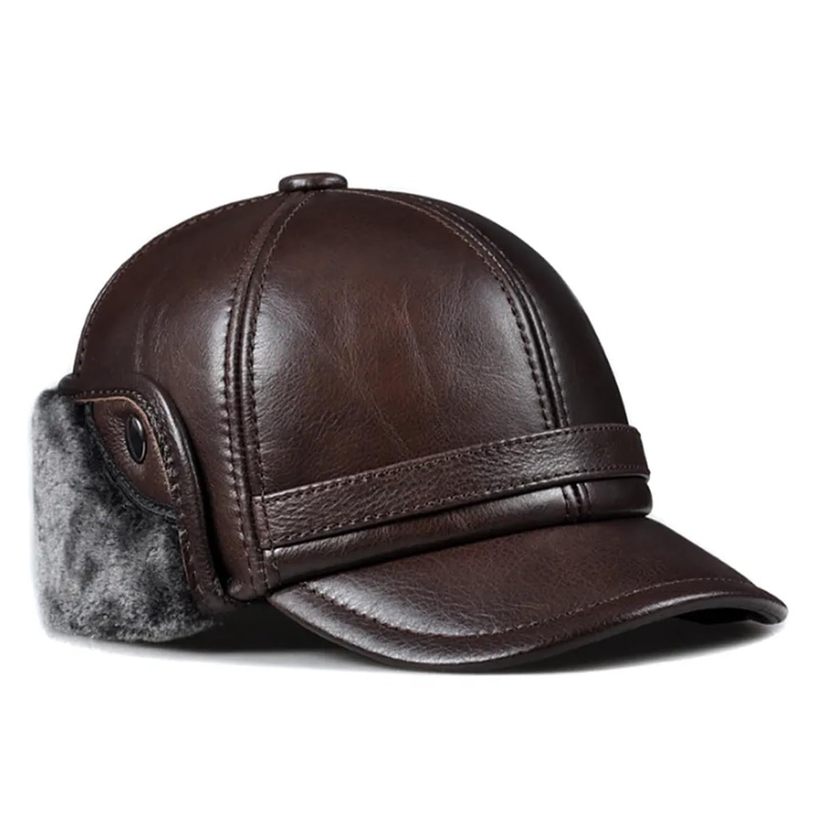 SDdPulse Cappello invernale da uomo in pelle bovina spessa berretti da baseball con orecchie caldi cappelli di papà snapback, marrone-L