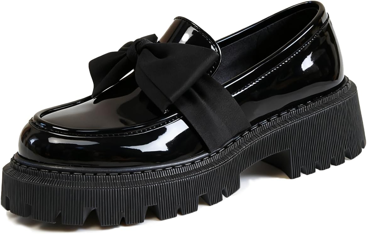 Bow Loafers for Women's Patent Leather Chunky Heel Dress Shoes Elegant Round Toe Platform Non-Slip Lug Sole Casual Work School Shoes for Business Office Everyday Wear