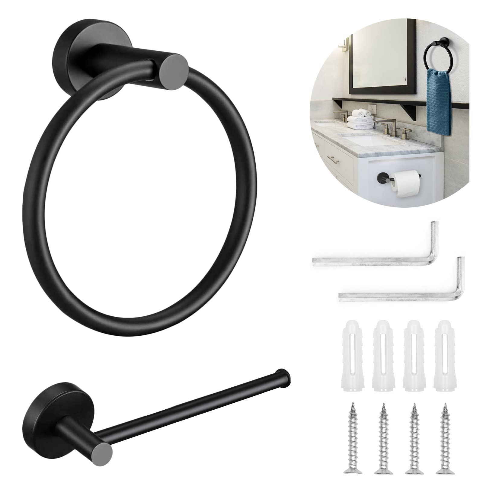 Toilet Paper Holder and Towel Ring Set, Toilet Towel Holder Toilet Roll Holder Towel Ring Hanging ​Round Hanger Polished Chrome Contemporary Bathroom Accessory Set for Bathroom,Hotel, Black