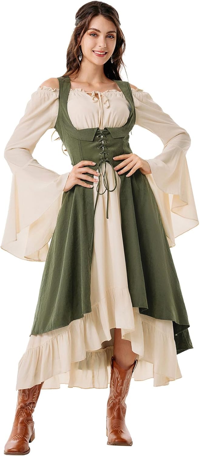 Scarlet Darkness Women Renaissance Costume Underbust Pirate Peasant High Low Dress with Pockets - Image 2